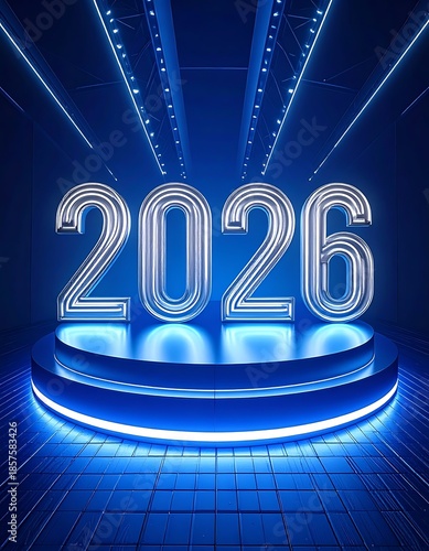 Silver '2026' on a glowing blue platform with bright overhead lights and grid floor in a cool, futuristic setting
