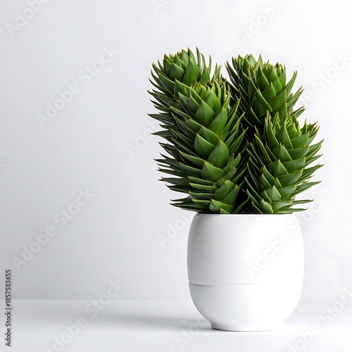 Sharp, green, spiky leaves of a potted plant against a white background, simple and clean composition