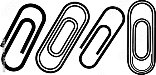 Four distinct black and white paper clip outlines, varying in line thickness and style, presented in a horizontal row on a transparent checkerboard background
