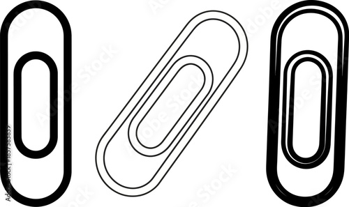 Three stylized paper clip icons in black and white, featuring solid and outline variations with different orientations, displayed on a transparent checkerboard backdrop