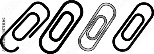 four paper clips illustrations different styles including black outline and metallic sheen on transparent checkerboard background with copy space