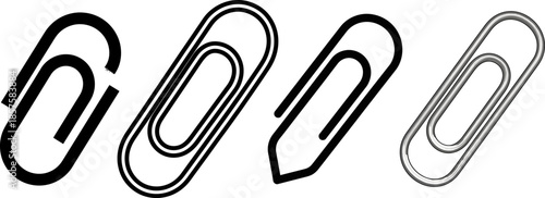 group of four paper clips in black and metallic finishes one clip is broken on transparent background with soft shadows and copy space