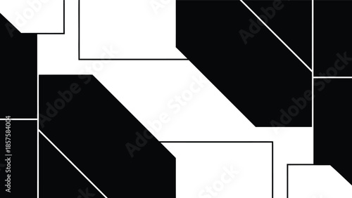 Modern minimalist black and white geometric illustration featuring sharp diagonal lines and solid block shapes.