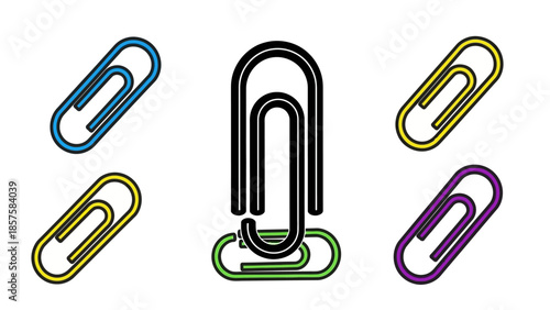 Set of colorful classic paper clips in various bright colors including blue yellow purple green and black for office documents organization and fastening purposes
