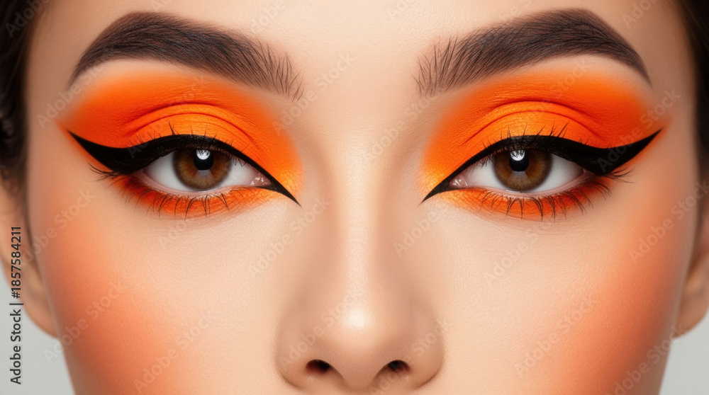Fototapeta premium Vibrant Orange Cut-Crease Eye Makeup Tutorial Featuring Dramatic Winged Eyeliner and Voluminous Mascara - Bold Confidence and Creative Expression