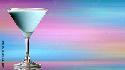 Frothy pale blue beverage rests in a clear stemmed glass against a vibrant, motion-blurred backdrop
