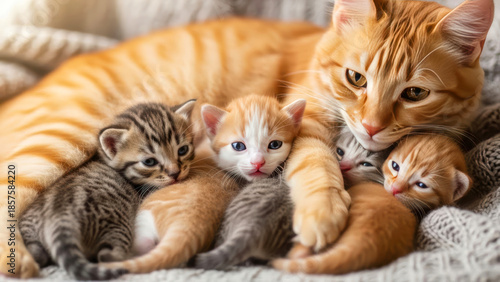 Serene close-up of orange and white mother cat caring for four newborn kittens on a soft blanket, embodying maternal affection and tranquility