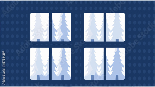Frosted window framing snowy landscape with trees in winter scene vector illustration