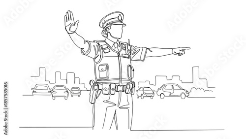 High-Quality Black Continuous Line Art of Police Officer Standing Confidently and Directing Traffic