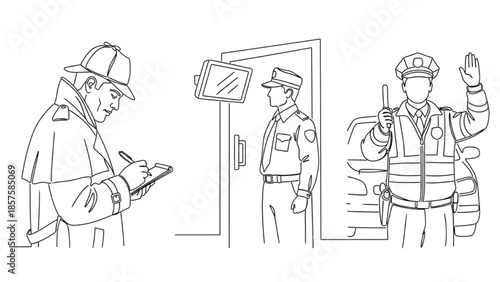 High-Quality Black Continuous Line Art of Law Enforcement Officers Performing Professional Duties