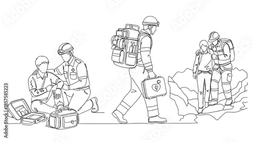 High-Quality Black Continuous Line Art of Paramedics and Rescue Workers Assisting in Emergency Situations