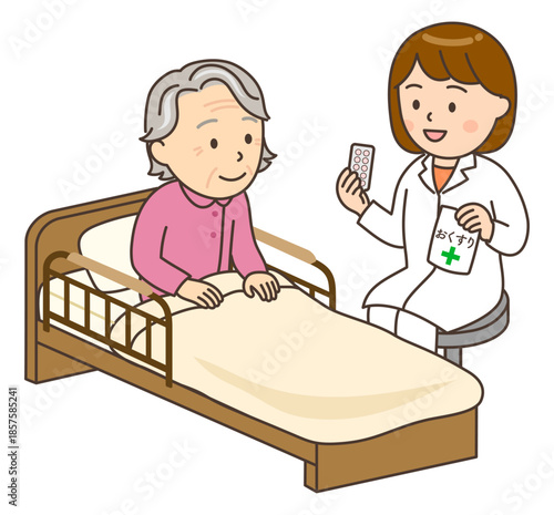 ベッドサイドでおばあさんに服薬指導する若い女性薬剤師