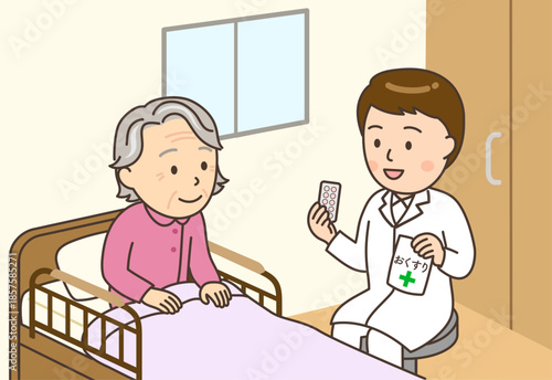自宅のベッドサイドでおばあさんに服薬指導する男性薬剤師