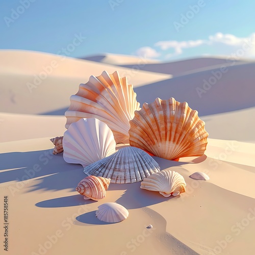 Shell collection resting in sun-drenched sand dunes beneath a sunny sky