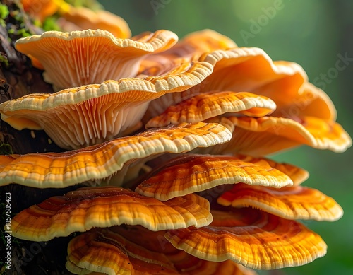 Shelf-like, orange/cream mushrooms sprout from a tree trunk. Natural light, shallow depth of field, and green backdrop