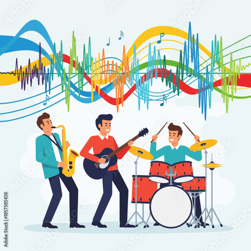 Colorful Jazz Band Performing with Saxophone, Guitar, and Drums on Stage