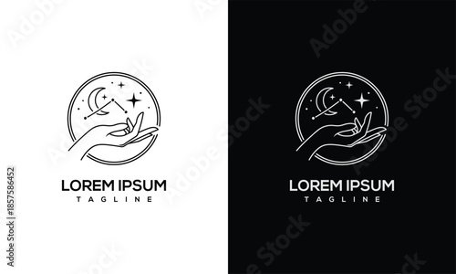 Mystic Hand Holding Moon and Stars Logo - Celestial Magic Icon.