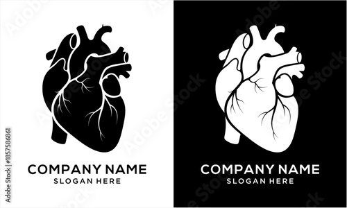 Anatomical human heart illustration in black and white for medical and health concepts.