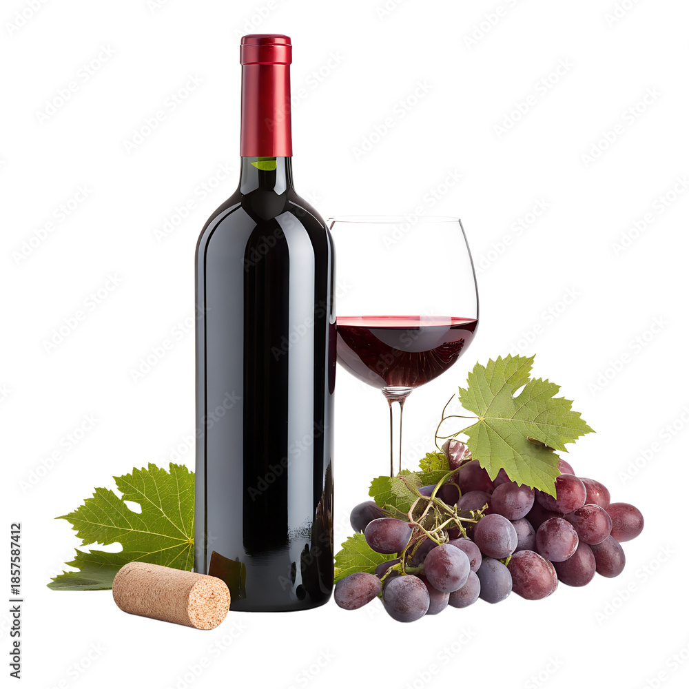 Obraz premium Red Wine Bottle with Glass and Fresh Grapes Garnish Isolated on White