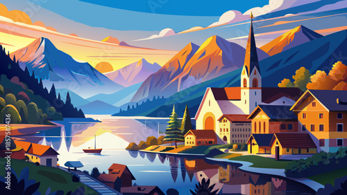 Very beautiful panoramic sunrise view of Hallstatt old town, with deep blue alpine lake, soft golden morning light, surrounding mountains, and tranquil reflections creating a serene and timeless Austr