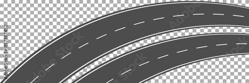 Top down view of a curved section of asphalt road with white lane dividers extending into the distance, creating a sense of journey and transportation