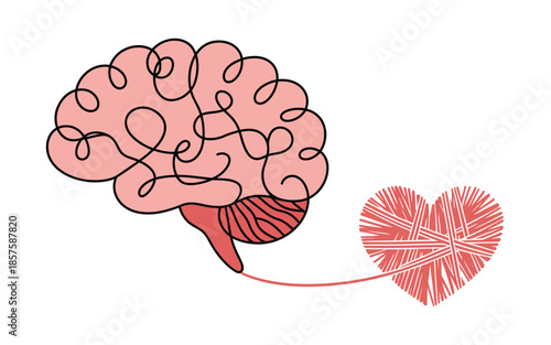 Vector art of illustration of a pink brain connected to a heart with a thread