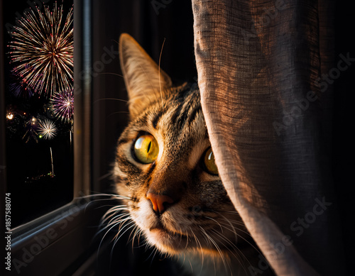 Scared Tabby Cat Hiding Behind Curtain During Fireworks Celebration 
Ängstliche Getigerte Katze versteckt sich hinter Vorhang während Feuerwerk 