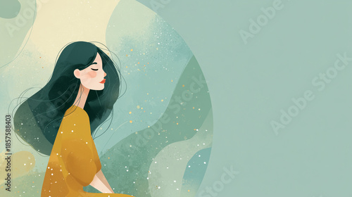 Woman sitting calmly with closed eyes in abstract pastel background  