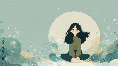 Young woman sitting cross-legged in modern illustration by moonlight, concept of mental health  