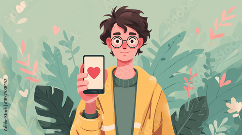 Young man smiling and holding smartphone with love icon in greenery  