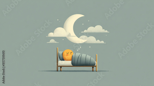 Cartoon character sleeping peacefully in bed under moonlight sky - Concept of mental health  