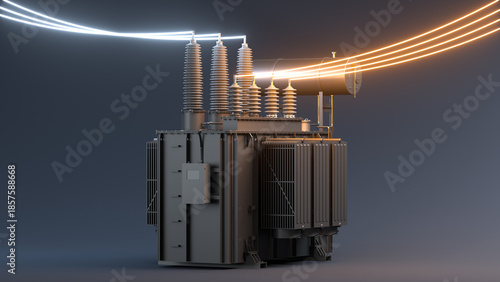 Three-phase electrical transformer glows on a dark background. Template with neon wires. Energy design for background. 3d illustration