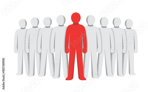 Vector art of a red human figure standing out from a group of white people