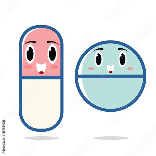 Cute Kawaii Pills Vector Pastel Colored Flat Style Medical Illustration, Hand-Drawn Cartoon Medicine Icons for Healthcare, Pharmacy, Treatment, Kids Design, and Health Theme