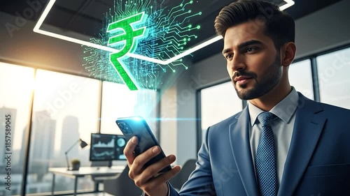 Young businessman in a modern office interacting with a glowing digital Indian Rupee currency symbol projected from his smartphone, representing digital finance and technological innovation.