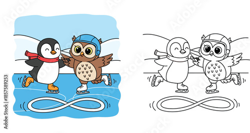 Cute penguin and owl ice skating in infinity loop coloring page. Vector illustration of winter friends for kids activity book with outline.