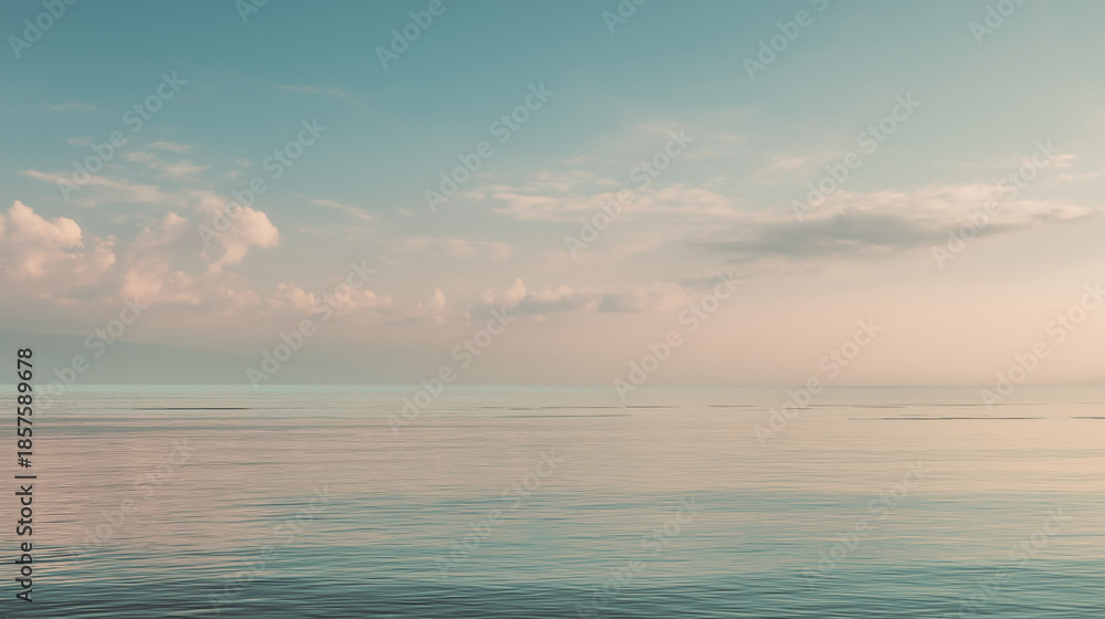 Fototapeta premium Wide minimalist ocean landscape panorama with calm water surface and soft cloudy sky, gentle natural light, subtle pastel tones, peaceful mood, clean composition with large copy space