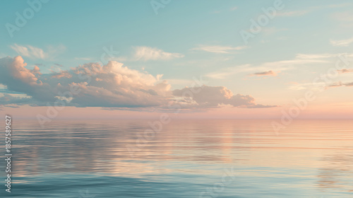 Wide minimalist ocean landscape panorama with calm water surface and soft cloudy sky, gentle natural light, subtle pastel tones, peaceful mood, clean composition with large copy space