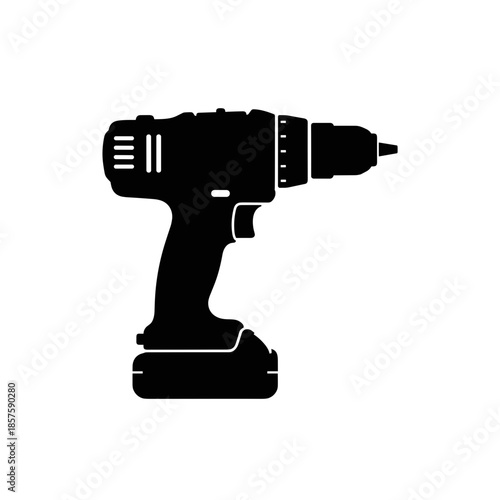 Black Cordless Drill Silhouette on White Background.