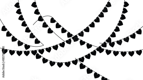 Black heart garland silhouettes hanging strings romantic decoration minimalist love banner background isolated on white for weddings parties celebrations events