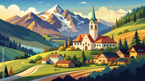 Very beautiful view of Ossiach Collegiate Church in Carinthia, featuring historic architecture set against rolling hills and alpine surroundings, blending spiritual heritage with the calm beauty of th