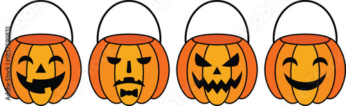 Cartoon halloween pumpkin buckets set, cute spooky jack o lantern faces trick or treat containers isolated white background illustration design