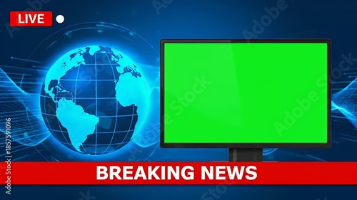 Live breaking news with green monitor