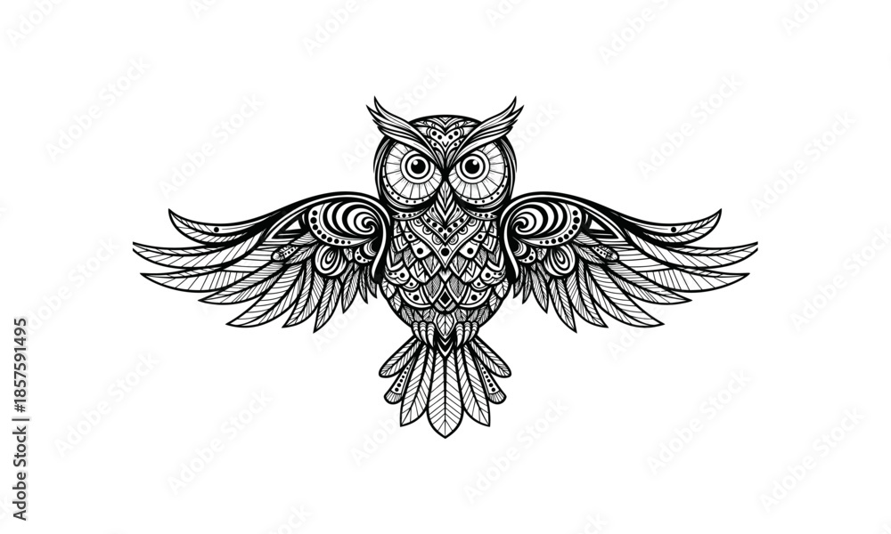 Obraz premium Intricate Zentangle Owl with Spread Wings Detailed Black and White Illustration.