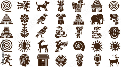 PrintAncient Aztec and Mayan symbols vector illustration set featuring tribal deities animals pyramids sun signs and ethnic ornaments isolated on white background for history