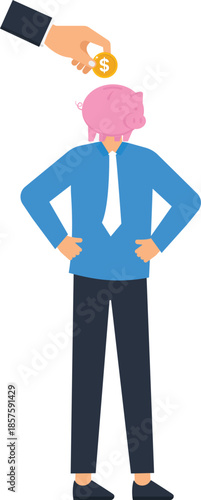 Businessman piggy bank head saving money financial planning personal finance wealth management business investment gold coin dollar sign financial concept