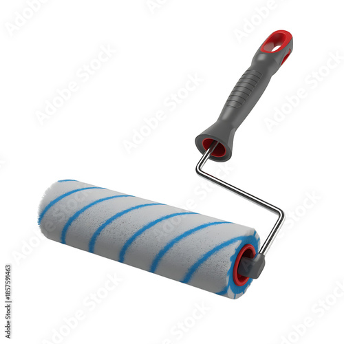 a detailed studio shot of a paint roller with a gray handle and white textured roller cover high quality