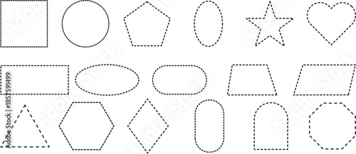 Dashed line borders and dotted frames collection. Square, circle, rectangle outlines with cut marks. Dotted dashed outline frames collection. Flat vector illustration ion Transparent background

