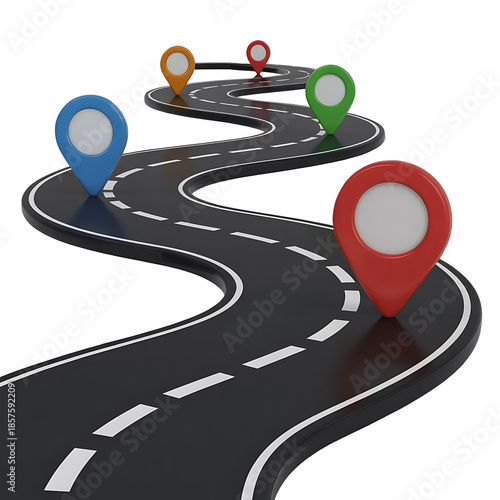 a winding road with colorful map markers indicating points of interest and a journey s progress high quality