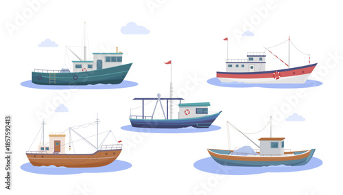 fishing boats set. nautical seafood industry boats isolated on white background, fishery attributes. vector cartoon graphics.